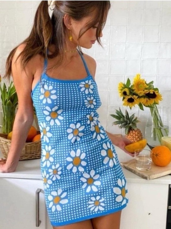 Zara Dresses & Skirts - Zara Blue Gingham Daisy Knit Mini Dress Size Large